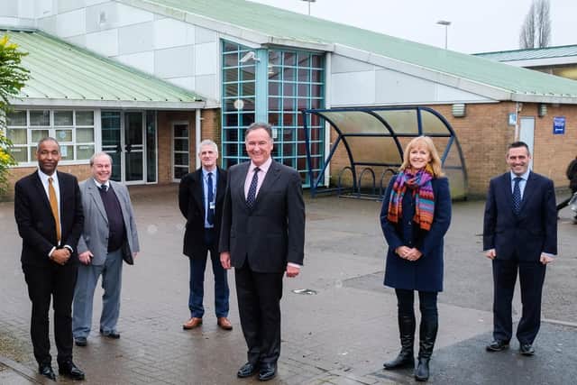 Pictured on the current site of Kenilworth School in Leyes Lane from left to right - Hayden Abbott (Executive Head Kenilworth), John Cooke (WDC Councillor), John Harmon (KMAT Project Manager), Andrew Day (Leader WDC), Shirley Whiting (KMAT Trustee), Richard Hales (KMAT Trustee)