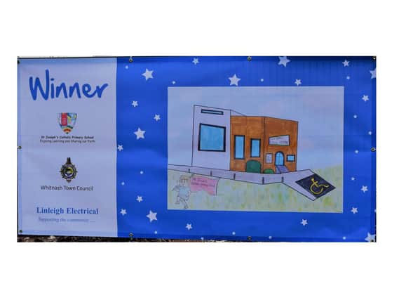 The winning drawings that have been made into large banners.