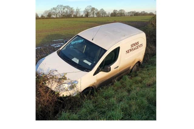 Motorists are being urged to drive carefully today after this newspaper van ended up in a watery ditch in a Harborough village this morning (Tuesday).