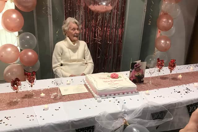 Joan Hughes celebrates her 100th birthday at Helen Ley House care home in Leamington.