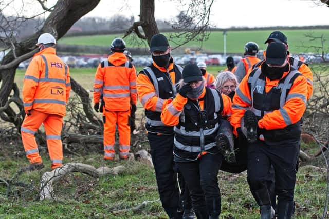 Victoria Lindsell was dragged off the site after she protested against HS2 removing branches from the tree. (Photo by Dave Hastings, dhphoto).