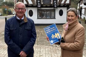 Clive Mason, chairman of the Charity of Thomas Oken and Nicholas Eyffler, and Yvonne Hunter, chair of trustees for Citizens Advice South Warwickshire, outside
Oken’s House in Warwick. Photo supplied