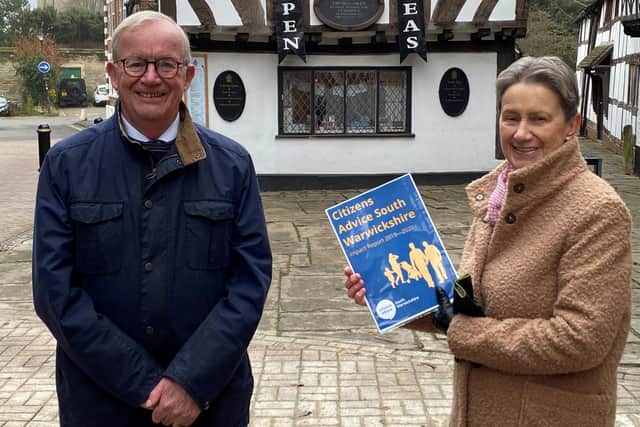 Clive Mason, chairman of the Charity of Thomas Oken and Nicholas Eyffler, and Yvonne Hunter, chair of trustees for Citizens Advice South Warwickshire, outside
Oken’s House in Warwick. Photo supplied