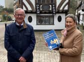Clive Mason, chairman of the Charity of Thomas Oken and Nicholas Eyffler, and Yvonne Hunter, chair of trustees for Citizens Advice South Warwickshire, outside
Oken’s House in Warwick. Photo supplied