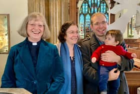 Rev Dr Beren Hartless, who took the baptism, Katie Hartless Rose and Andrew Rose holding Alexander 'Alek'Nathaniel Conway Rose, aged 10 months, on Sunday December 27 at St Peter's Church, Kineton. (Photo by Mandy Hardwick)