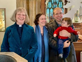 Rev Dr Beren Hartless, who took the baptism, Katie Hartless Rose and Andrew Rose holding Alexander 'Alek'Nathaniel Conway Rose, aged 10 months, on Sunday December 27 at St Peter's Church, Kineton. (Photo by Mandy Hardwick)