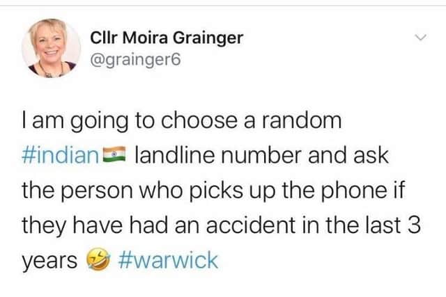 The tweet by Cllr Moira-Ann Grainger  was originally posted last year and was deleted after a complaint but has since been brought into the public’s attention after being re-posted in a recent Twitter thread.