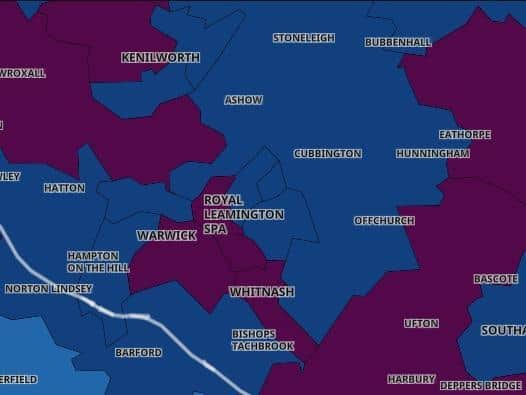 The latest Covid map of the Warwick district. The darker the colour, the higher the rolling rate.