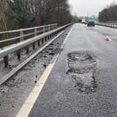A large pothole has led to the closure of one lane on the A46 near Warwick. Photo by OPU Warwickshire.