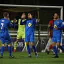 Leamington celebrate their third goal during their 3-0 success over Kettering Town in the fourth round of the FA Trophy. Pictures by Peter Short