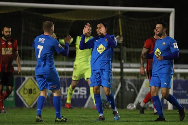 Leamington celebrate their third goal during their 3-0 success over Kettering Town in the fourth round of the FA Trophy. Pictures by Peter Short