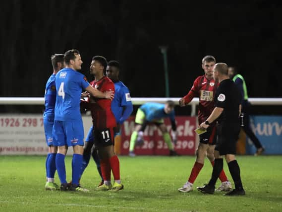 Tempers flare during the FA Trophy clash between Kettering Town and Leamington. Pictures by Peter Short