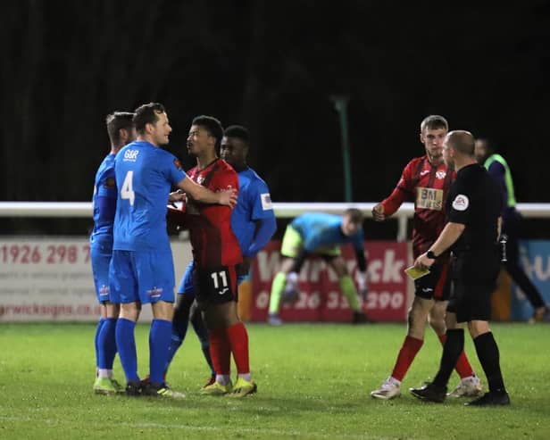 Tempers flare during the FA Trophy clash between Kettering Town and Leamington. Pictures by Peter Short