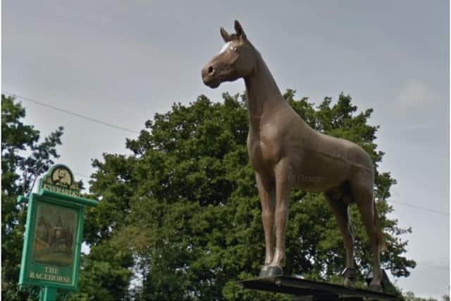 The fiberglass racehorse which was outside The Racehorse pub in Warwick for more than 30 years before it was replaces with a new metal horse in 2018. Photo by Google Streetview
