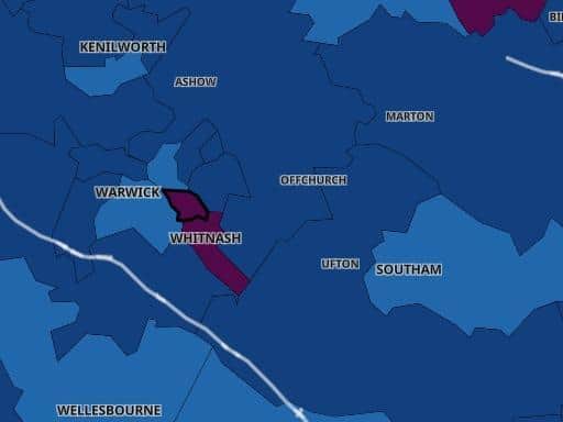 The latest data map of Covid-19 cases. Whitnash and Leamington Brunswick are in the dark red colour, which shows that their rolling rates are above the national average.
