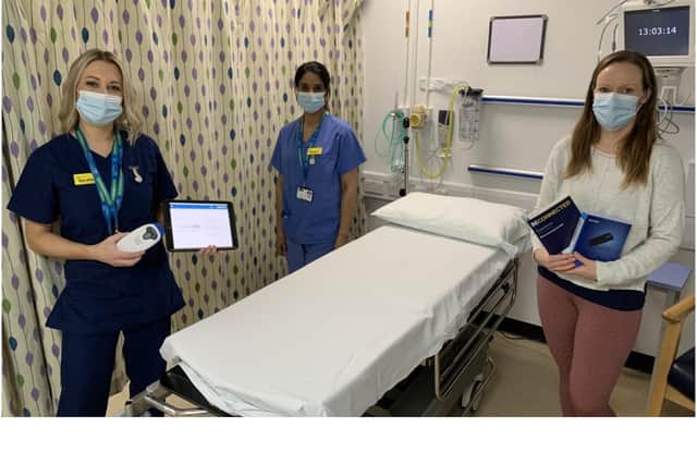 Left to right: Serafina and Shaheen, who are part of the team who implanted the first patients with the LINQ II device, with Emma Spencer, patient and Trust Medical Student. Photo supplied