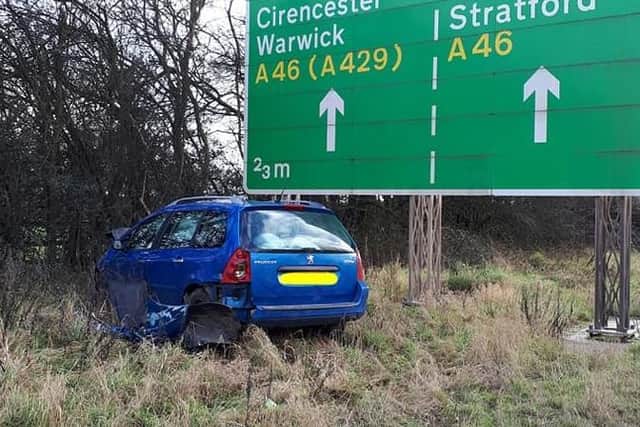 A disqualified driver who was over the drink-drive limit sent their car spinning across a major road near Warwick after crashing into the central reservation. Photo by OPU Warwickshire.