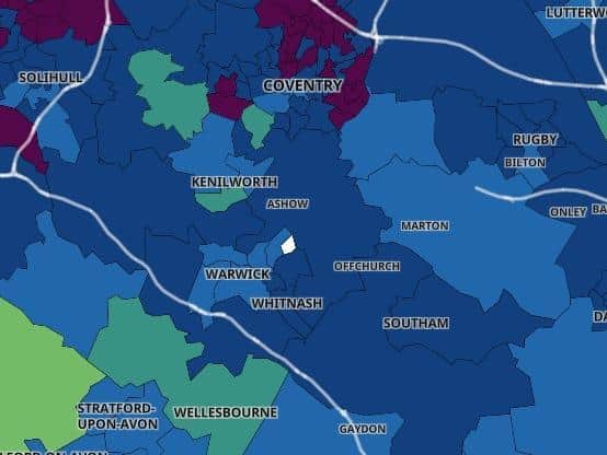 A map of the Covid-19 rates. The darker the colour, the higher the rate. Note that the red colour has disappeared from the Warwick district.
