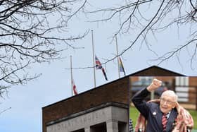 Rugby's flags at half-mast and, inset, Captain Sir Tom.