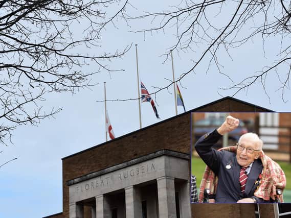Rugby's flags at half-mast and, inset, Captain Sir Tom.