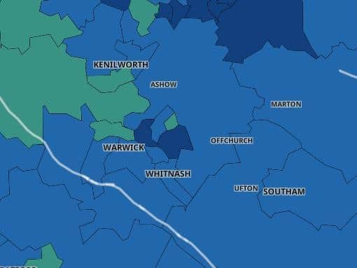 A map showing the latest Covid cases - the lighter the colour, the lower the number. Note that there are now no red sections (which denotes high numbers) in the Warwick district.