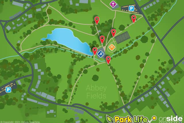 The QR code locations in Abbey Fields, Kenilworth.