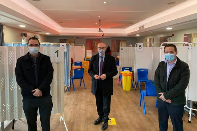 PCN clinical director Nick Yeates, Matt Western MP and site manager Chris Thomas.