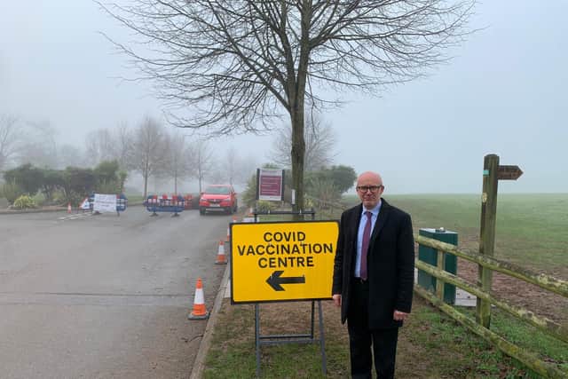Matt Western MP at the entrance of the vaccination centre in Leek Wootton.