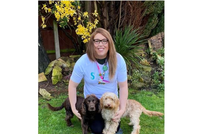 Alex Pearson, accompanied by Archie and Chester, will be taking part in Steps4Safeline by holding her own sponsored walk. Photo supplied