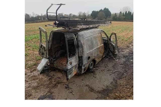 A van in the Westhill Road/Bericote Road area between Kenilworth and Cubbington, complete with a set of ladders on its roof rack, was set on fire at a field. Photo by Kenilworth Neighbourhood Watch (kenilworthnwatch.com)