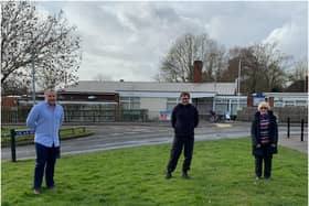 Jody Tracey (Parent Governor), Jon Queralt, Associate Head Teacher at Emscote Infant School and Sandra Barnsley (All Saint's Church Warden) where the trees will be planted. Photo supplied