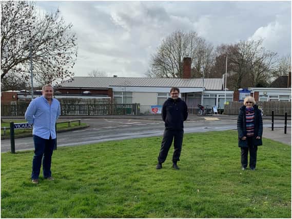 Jody Tracey (Parent Governor), Jon Queralt, Associate Head Teacher at Emscote Infant School and Sandra Barnsley (All Saint's Church Warden) where the trees will be planted. Photo supplied