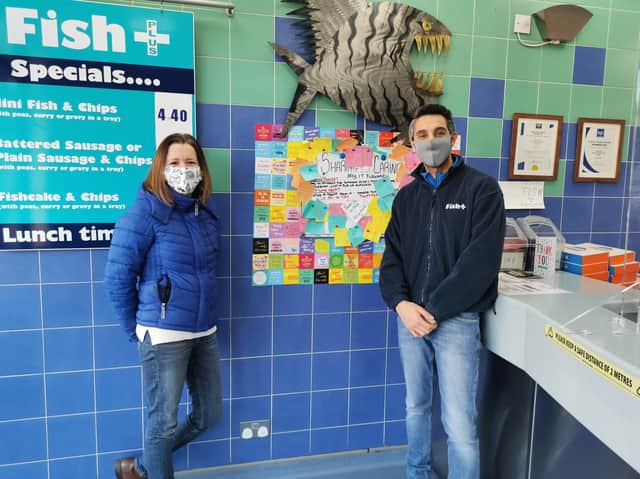 Michelle Hughes, of Wright Hassall, with Andreas Kattou at Fish Plus, in Rugby.