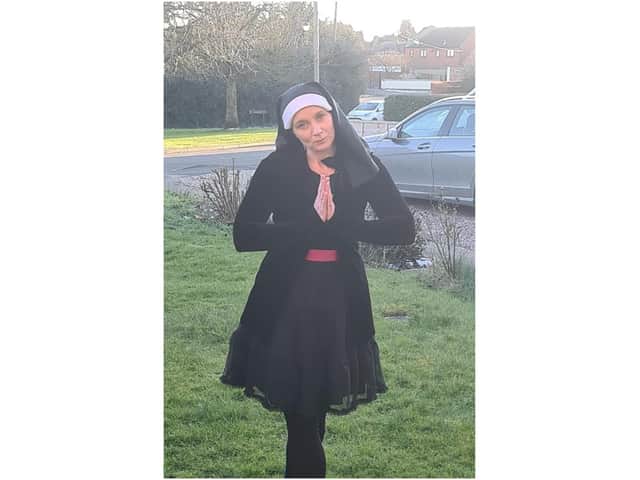 Natalie Faulkner wears a nun costume as part of her Miles for Mind scheme last month - raising money and awareness for the charity Mind.