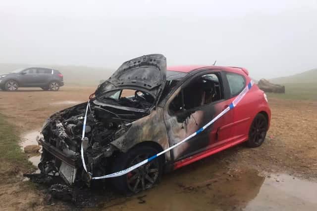 Photo of the burned car at Burton Dassett Hills Country Park (photo taken by Mandy Dee yesterday, Monday March 1)