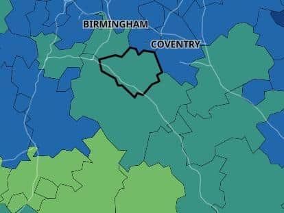 The lighter the colour on this map, the lower the rate of Covid cases. The Warwick district is outlined in black.
