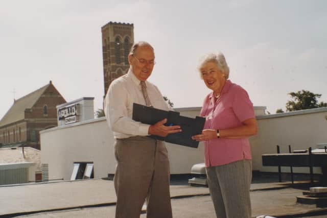 Peter Lee and his wife Sally on the roof of the Apollo Cinema in Leamington.