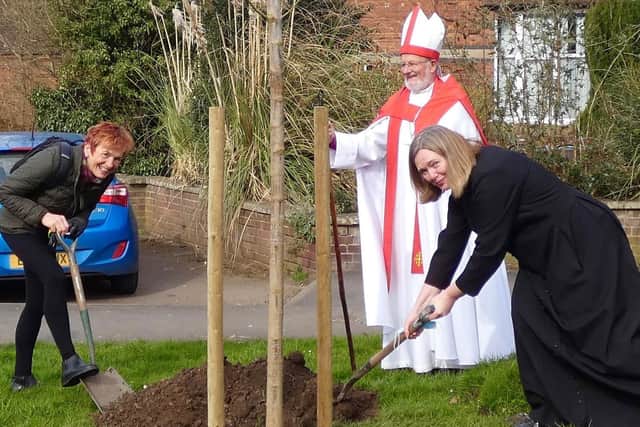 Key workers planting the trees included nurses, police officers, care workers, Henry VIII Charity, St Edith’s House, The Gap Community Centre, who were joined by pupils and adults from Emscote Infant School and All Saints’ C of E Junior School and Bishop David Evans. Photo supplied
