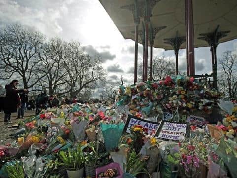Flowers placed in London in memory of Sarah Everard.