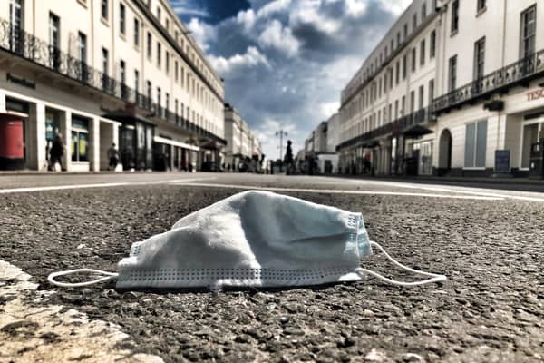 A facemask on the road of the Parade in Leamington town centre.