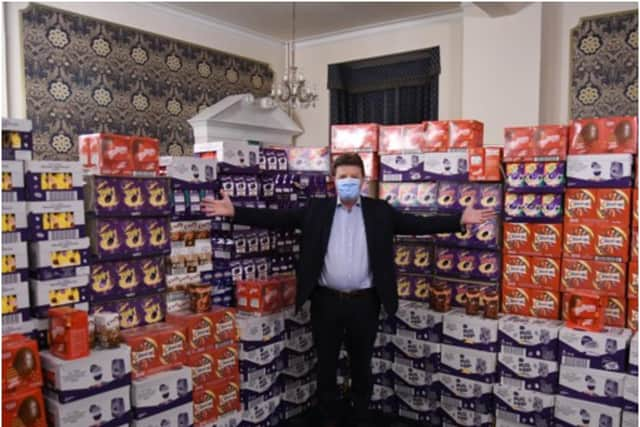 The Provincial Grand Master, Philip Hall, with some of the 3,000 Easter Eggs donated by Warwickshire Freemasons to the homeless and disadvantaged children in the region. Photo supplied