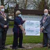Left to right: Mayor Cllr Bill Lewis, hospice staff nurse Helen Siddaway; Rotary president Keith Ward & Rotary TOL organiser Peter Smith. Photo courtesy of Rugby Rotary.