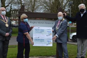 Left to right: Mayor Cllr Bill Lewis, hospice staff nurse Helen Siddaway; Rotary president Keith Ward & Rotary TOL organiser Peter Smith. Photo courtesy of Rugby Rotary.