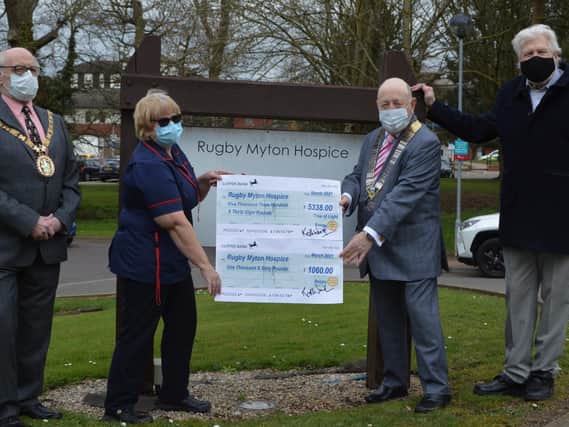 Left to right: Mayor Cllr Bill Lewis, hospice staff nurse Helen Siddaway; Rotary president Keith Ward & Rotary TOL organiser Peter Smith. Photo courtesy of Rugby Rotary.