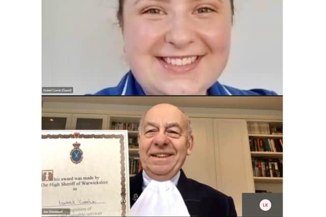 Isobel Corrie was presented with an award from the High Sheriff. On a UK bound flight from Thailand, Isobel, then a student nurse about to start her first job at Warwick Hospital saved a fellow passenger’s life after he had gone into cardiac arrest. Photo supplied