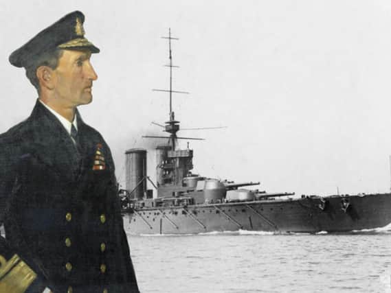 A 1920 portrait of Admiral Cowan, painted by Leonard Campbell Taylor, alongside HMS Princess Royal, which Admiral Cowan commanded during the Battle of Jutland.