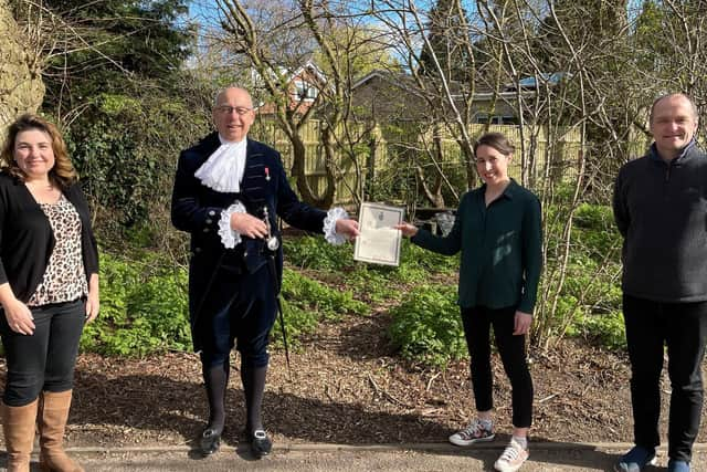 (L-R) are Parish Councillor Julie Balch (who played a key part in the network), High Sheriff Joe Greenwell, Katie Sykes (one of the volunteers) and Parish Council Chairman Tim Lockley (who organised the network). Photo supplied