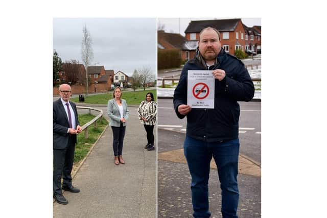 Left: Matt Western MP, Cllr Helen Adkins and worried Sydenham resident and Warwick District Councillor Cllr Mini Mangat. Right: Cllr Will Roberts.