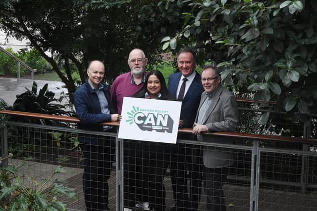 From L-R: Warwick district councillors Ian Davison (Green), Tony Heath (Whitnash Residents Association), Mini Mangat (Labour), council leader Andrew Day (Conservative) and Alan Boad (Liberal Democrat) launch the Warwick District Climate Action Now plan.