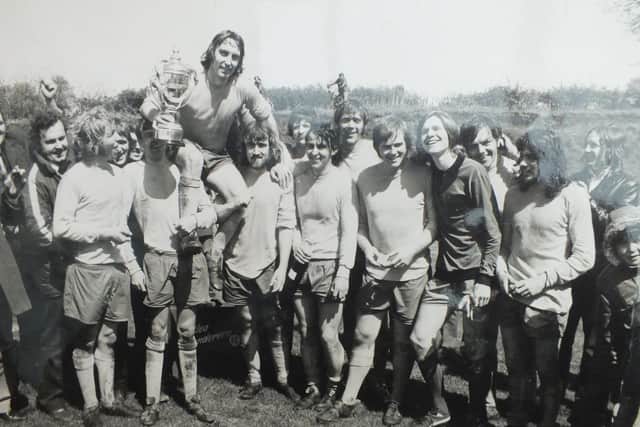 Westlea Wanderers celebrating winning the 1974 Cancer Cup ( courtesy of Dave Garratt)